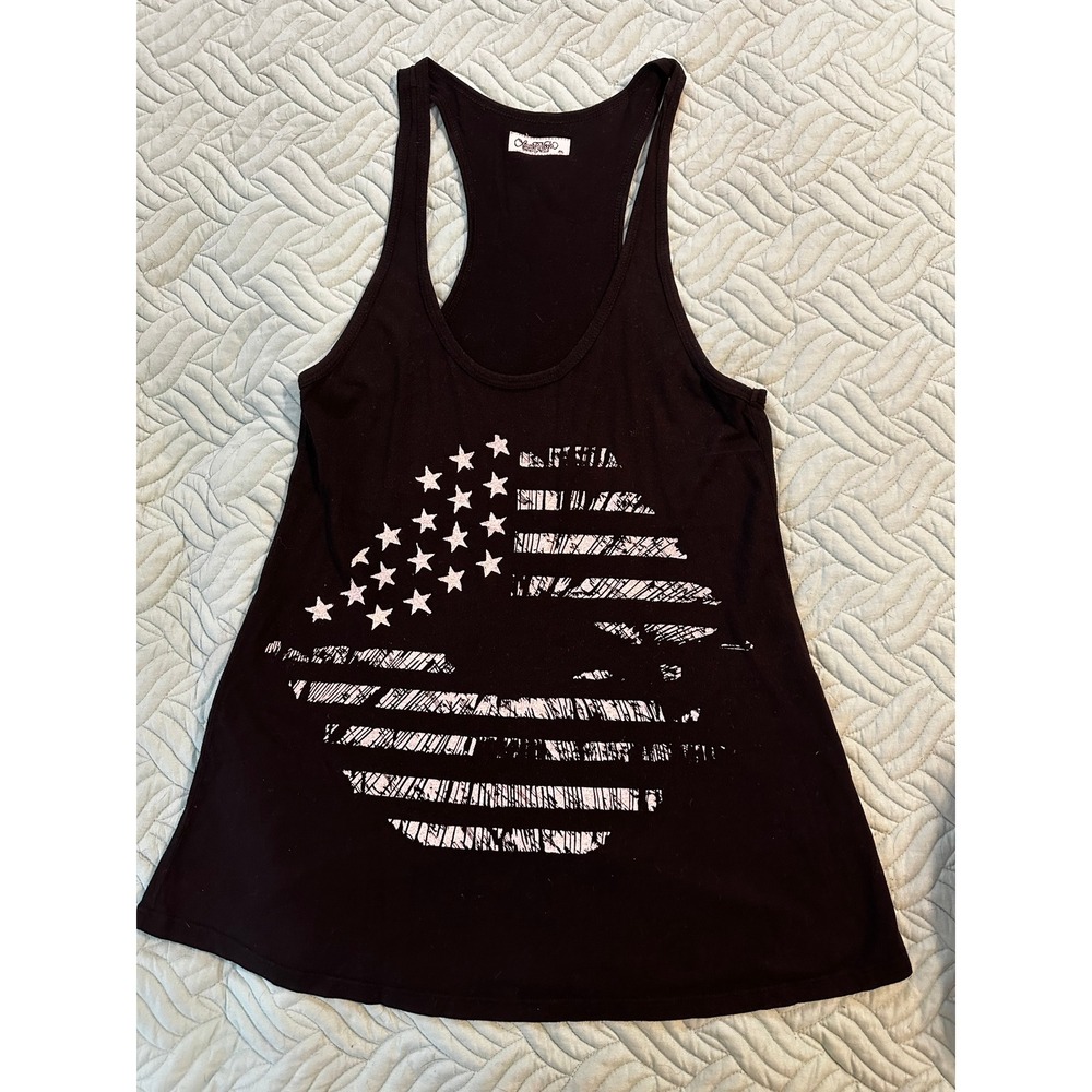 Lauren Moshi Black American Flag Racerback Tank Top Medium Distressed Graphic